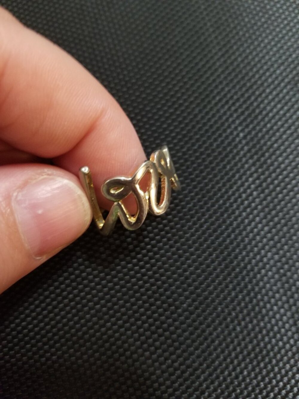 go 15 (Maker's Mark)/JTV/QVC "Love" in Cursive Worn-Off-Gold-to-Silver Ring